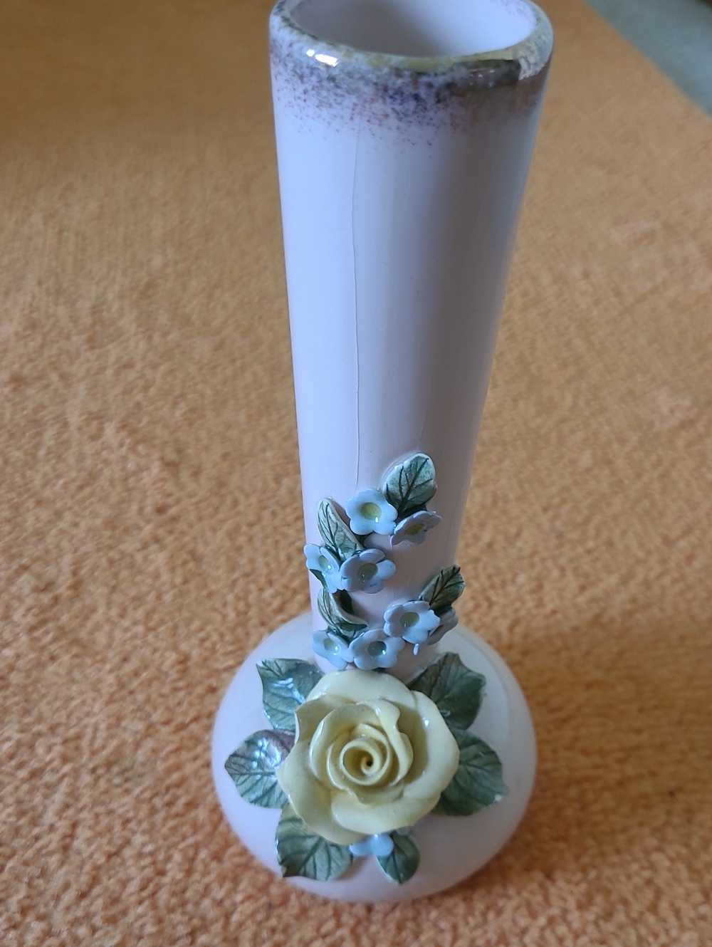 White Ceramic Bud Vase with Yellow Rose and Green Leaf Accents